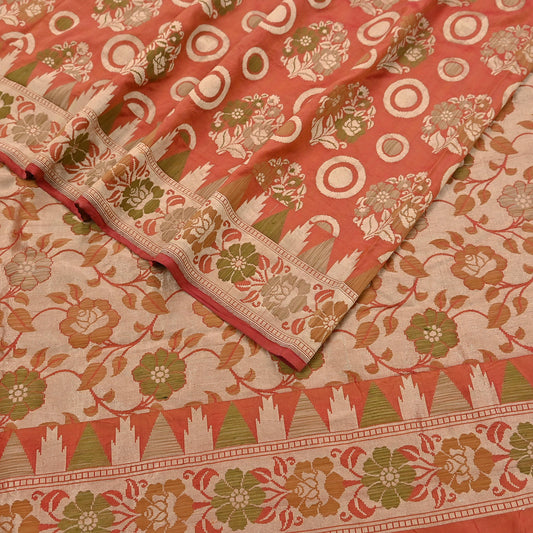 Indian Vintage Sari Orange 100% Pure Silk Hand Woven Sarees Craft Fabric 5Yd Ethnic Sewing Dress making Crafting Quilting