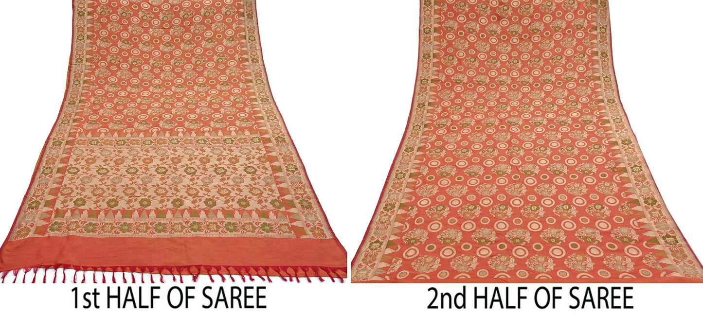 Indian Vintage Sari Orange 100% Pure Silk Hand Woven Sarees Craft Fabric 5Yd Ethnic Sewing Dress making Crafting Quilting