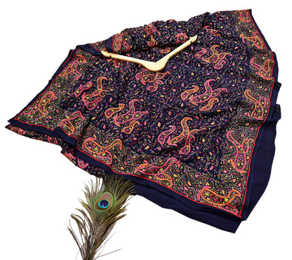 Indian Vintage Heavy Sari Blue Pure Georgette Silk Hand Embroidered Sozni Sarees Craft Fabric 5Yd Sewing Dress making Wedding sari