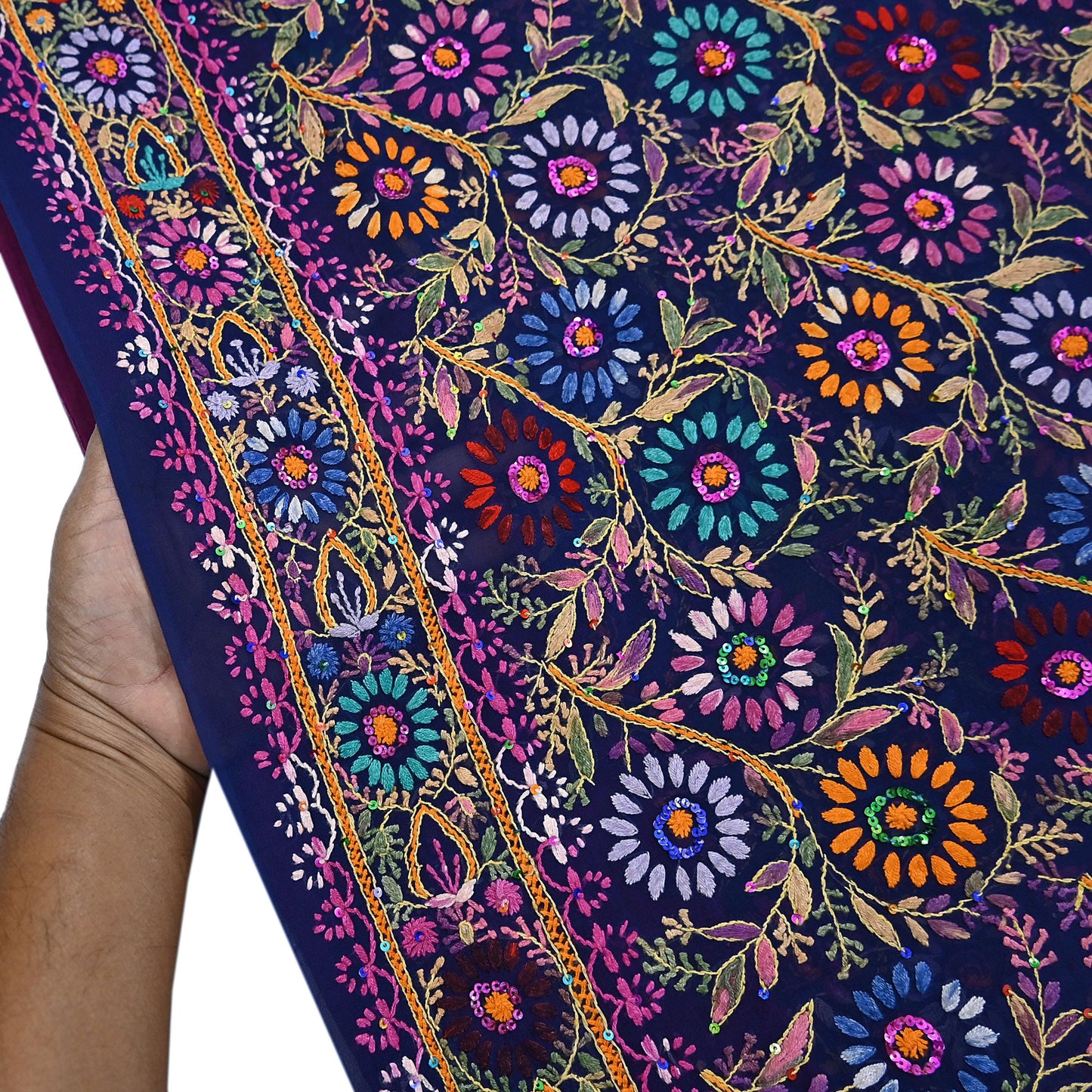 Indian Vintage Heavy Sari Multi Pure Georgette Silk Hand Embroidered Chain stitch Sarees Craft Fabric 5Yd Sewing Dress making Wedding sari