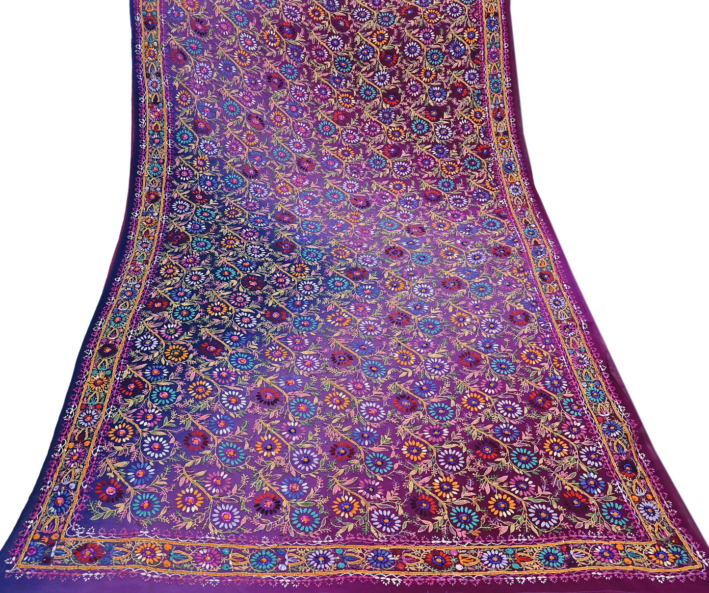 Indian Vintage Heavy Sari Multi Pure Georgette Silk Hand Embroidered Chain stitch Sarees Craft Fabric 5Yd Sewing Dress making Wedding sari