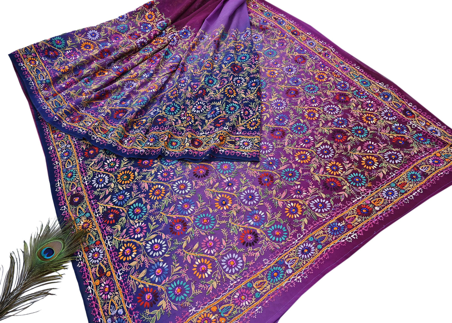 Indian Vintage Heavy Sari Multi Pure Georgette Silk Hand Embroidered Chain stitch Sarees Craft Fabric 5Yd Sewing Dress making Wedding sari
