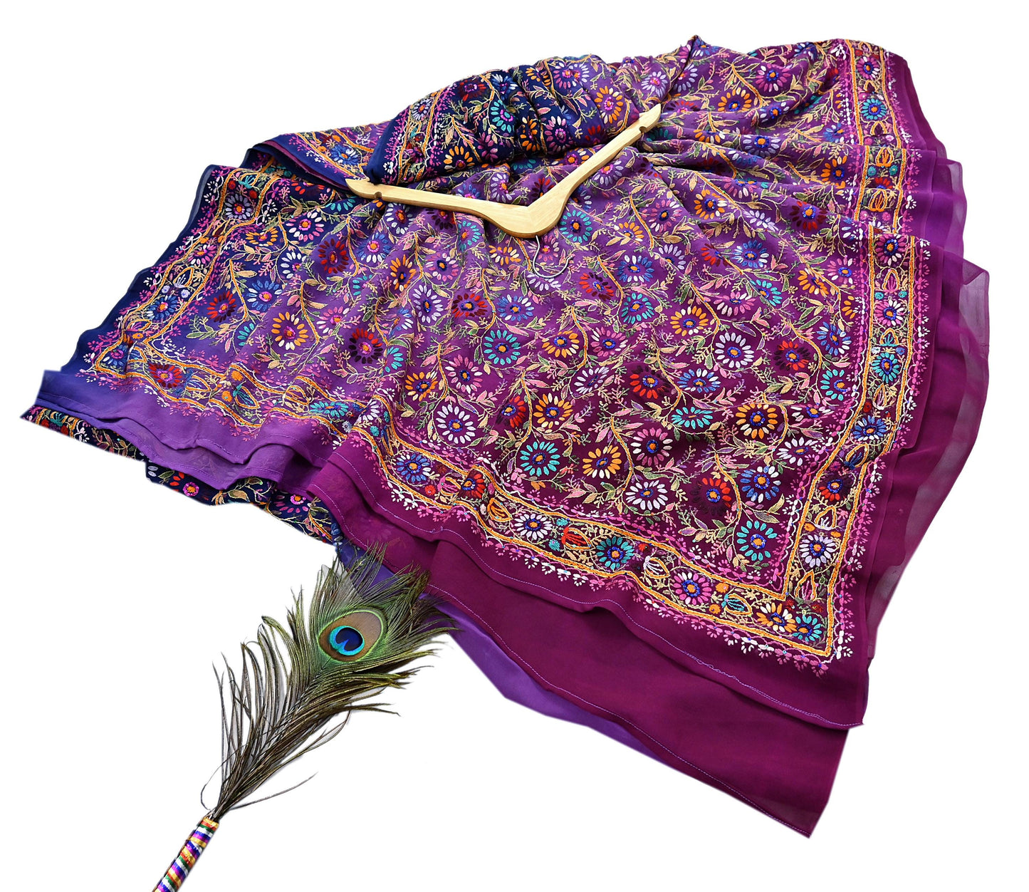 Indian Vintage Heavy Sari Multi Pure Georgette Silk Hand Embroidered Chain stitch Sarees Craft Fabric 5Yd Sewing Dress making Wedding sari