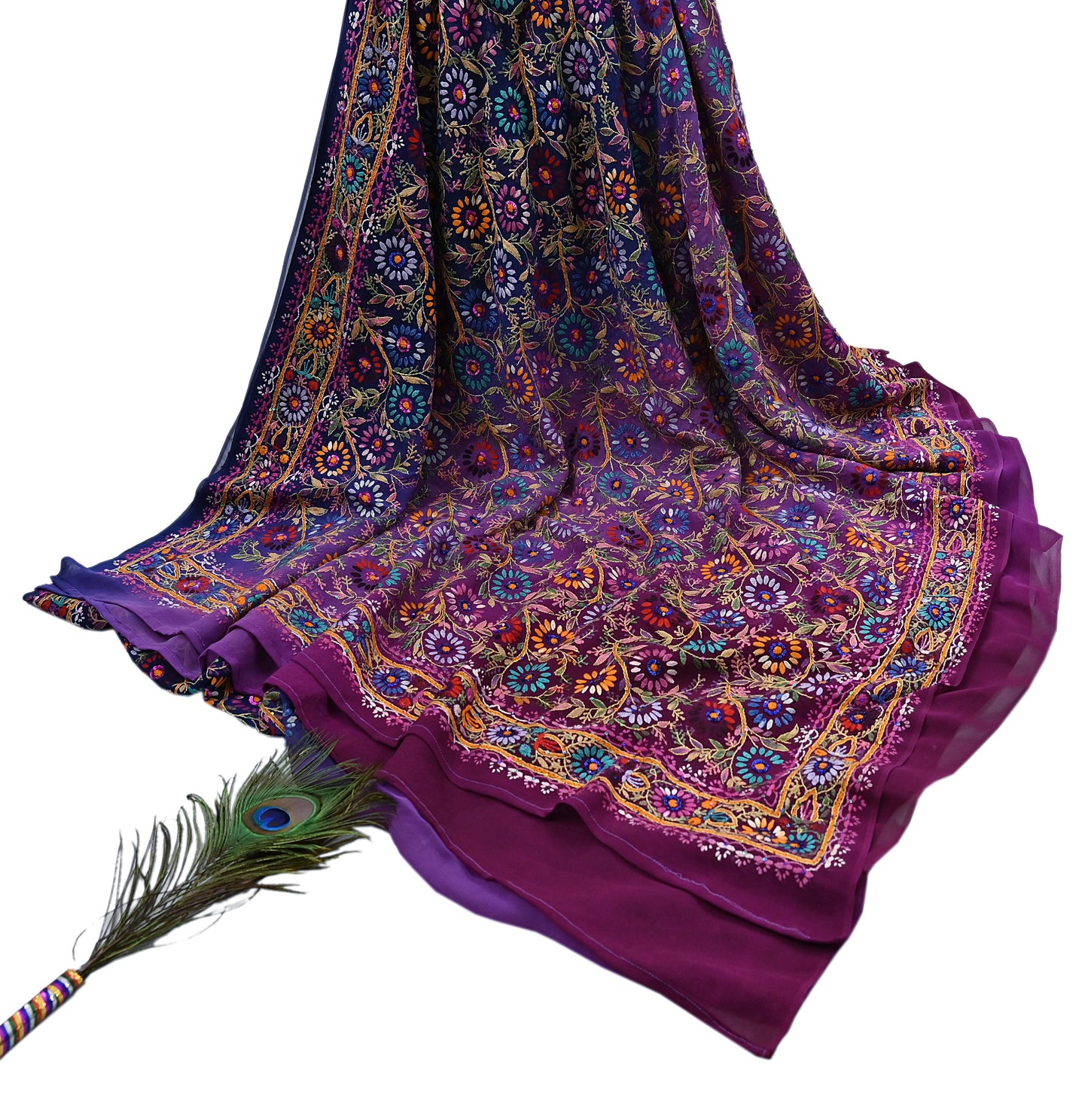 Indian Vintage Heavy Sari Multi Pure Georgette Silk Hand Embroidered Chain stitch Sarees Craft Fabric 5Yd Sewing Dress making Wedding sari