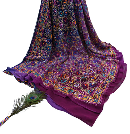 Indian Vintage Heavy Sari Multi Pure Georgette Silk Hand Embroidered Chain stitch Sarees Craft Fabric 5Yd Sewing Dress making Wedding sari