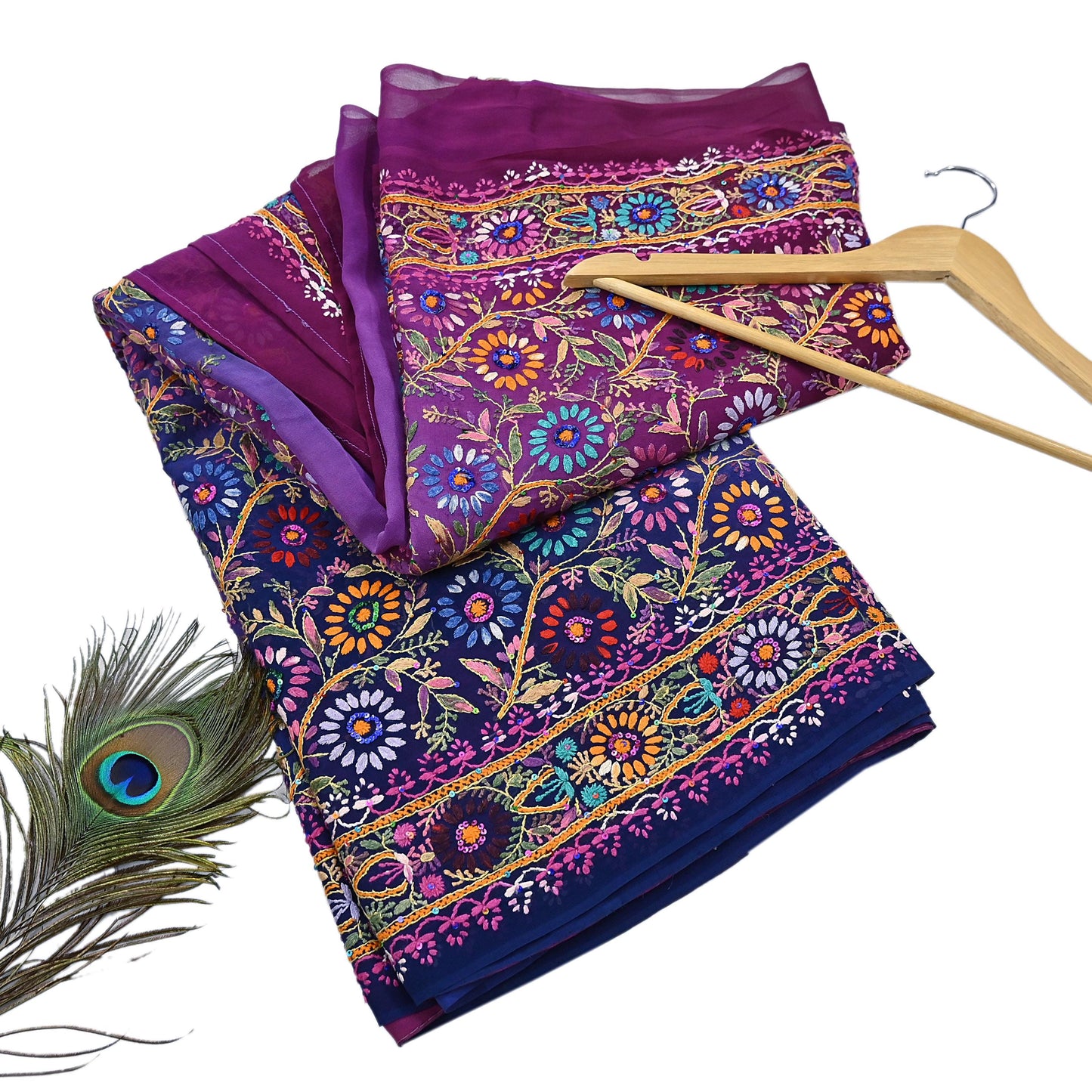 Indian Vintage Heavy Sari Multi Pure Georgette Silk Hand Embroidered Chain stitch Sarees Craft Fabric 5Yd Sewing Dress making Wedding sari