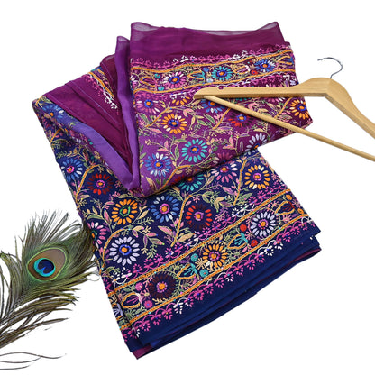 Indian Vintage Heavy Sari Multi Pure Georgette Silk Hand Embroidered Chain stitch Sarees Craft Fabric 5Yd Sewing Dress making Wedding sari
