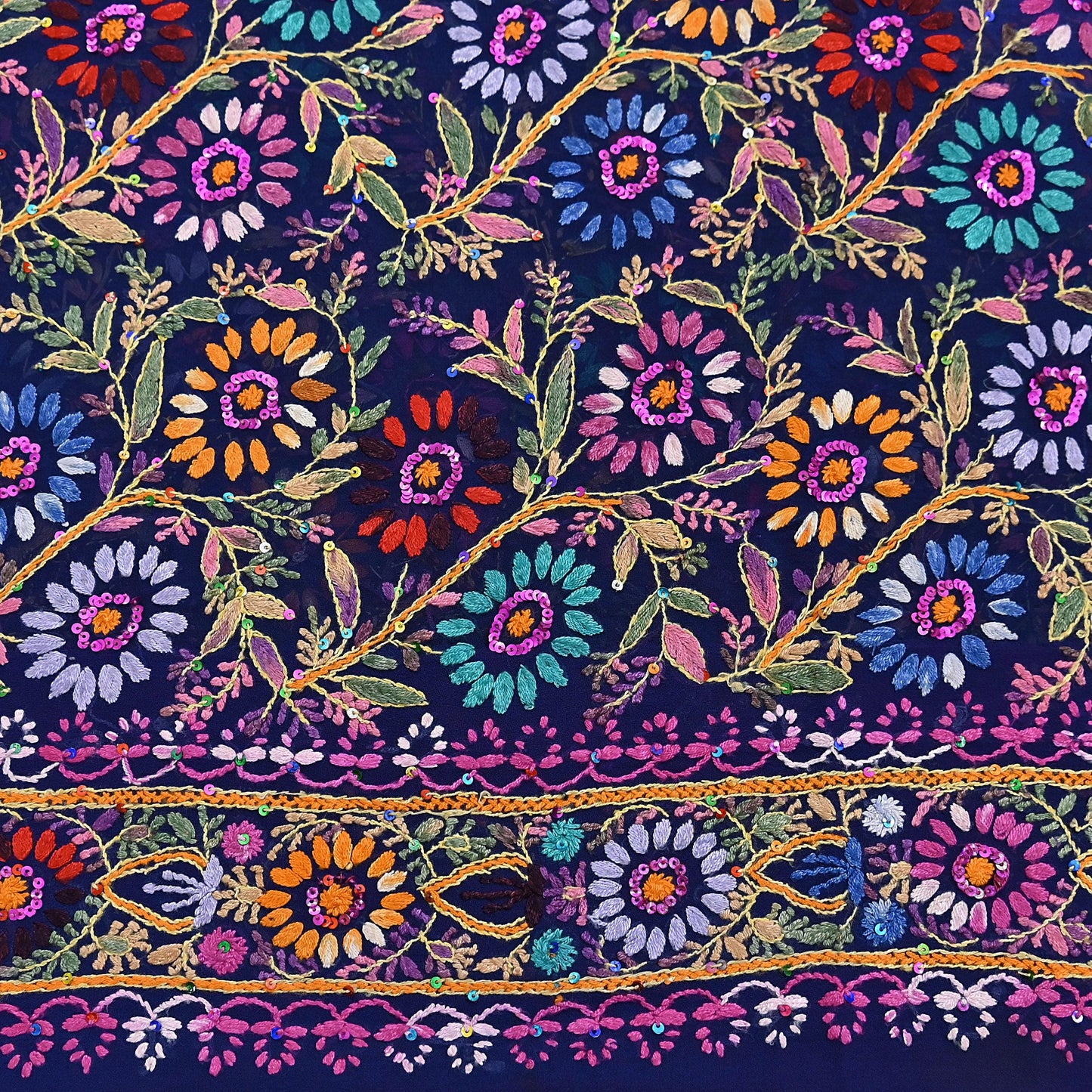 Indian Vintage Heavy Sari Multi Pure Georgette Silk Hand Embroidered Chain stitch Sarees Craft Fabric 5Yd Sewing Dress making Wedding sari