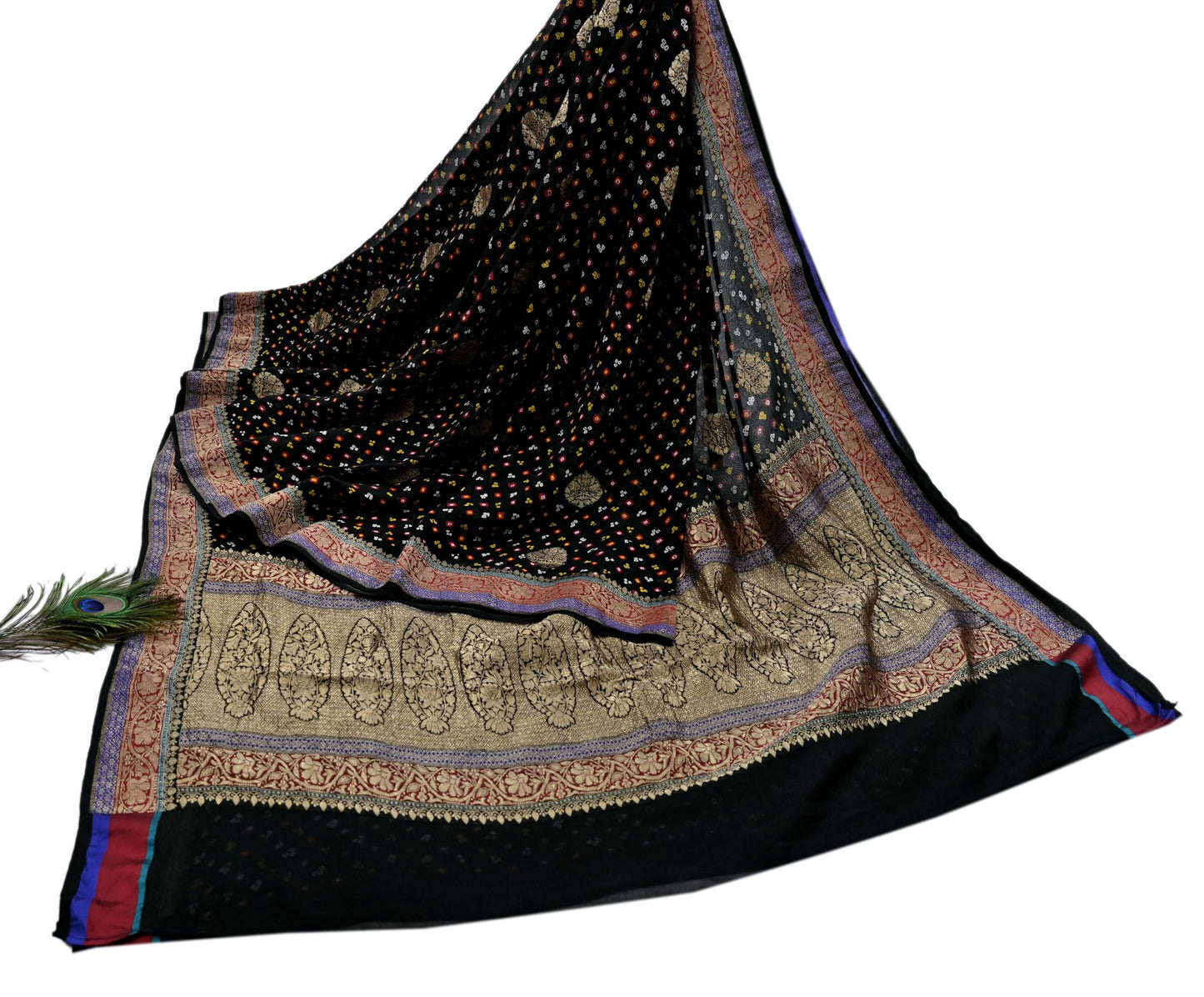 Indian Vintage Sari Black Pure Georgette silk Hand Woven Bandhani Sarees Ethnic Zari Wedding Saree