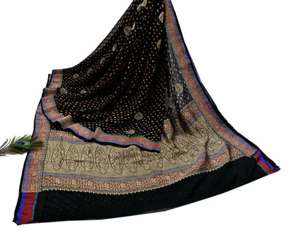 Indian Vintage Sari Black Pure Georgette silk Hand Woven Bandhani Sarees Ethnic Zari Wedding Saree