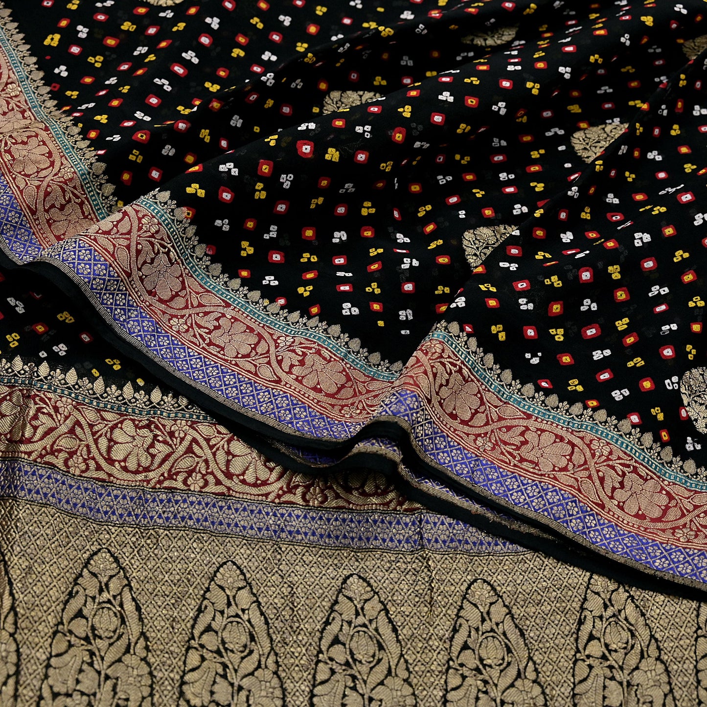 Indian Vintage Sari Black Pure Georgette silk Hand Woven Bandhani Sarees Ethnic Zari Wedding Saree