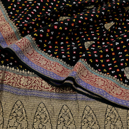 Indian Vintage Sari Black Pure Georgette silk Hand Woven Bandhani Sarees Ethnic Zari Wedding Saree