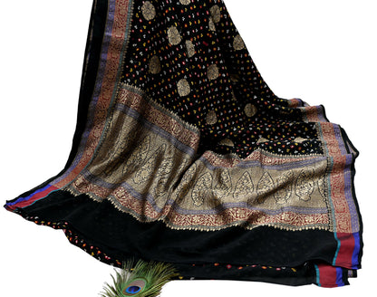 Indian Vintage Sari Black Pure Georgette silk Hand Woven Bandhani Sarees Ethnic Zari Wedding Saree