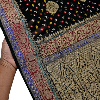 Indian Vintage Sari Black Pure Georgette silk Hand Woven Bandhani Sarees Ethnic Zari Wedding Saree