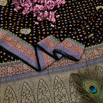 Indian Vintage Sari Black Pure Georgette silk Hand Woven Bandhani Sarees Ethnic Zari Wedding Saree