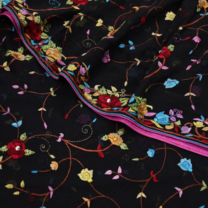 Indian Vintage Heavy Sari Black Pure Georgette Silk Hand Embroidered Parsi Gara Sarees Craft Fabric 6Yd Sewing Dress making
