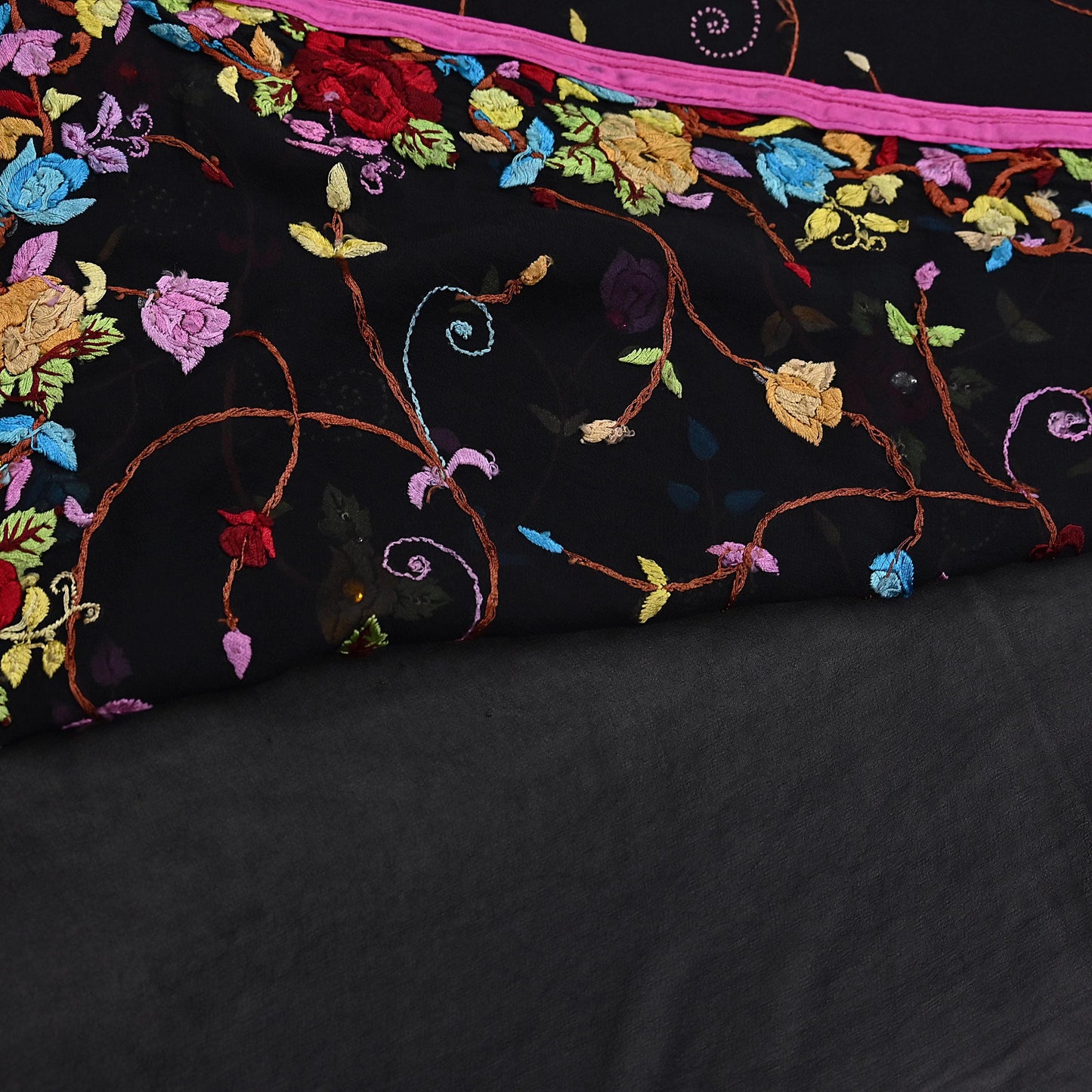 Indian Vintage Heavy Sari Black Pure Georgette Silk Hand Embroidered Parsi Gara Sarees Craft Fabric 6Yd Sewing Dress making