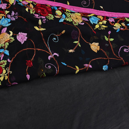 Indian Vintage Heavy Sari Black Pure Georgette Silk Hand Embroidered Parsi Gara Sarees Craft Fabric 6Yd Sewing Dress making