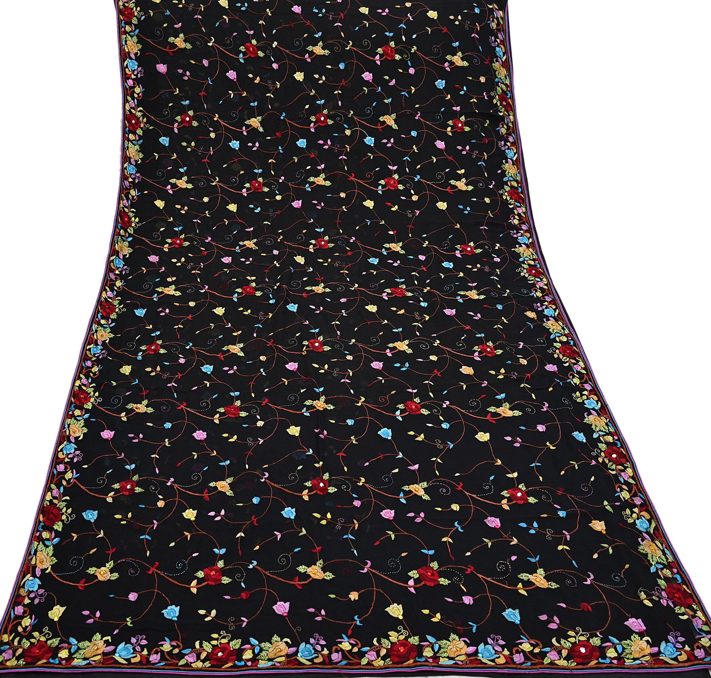 Indian Vintage Heavy Sari Black Pure Georgette Silk Hand Embroidered Parsi Gara Sarees Craft Fabric 6Yd Sewing Dress making