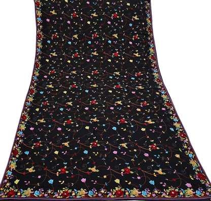 Indian Vintage Heavy Sari Black Pure Georgette Silk Hand Embroidered Parsi Gara Sarees Craft Fabric 6Yd Sewing Dress making