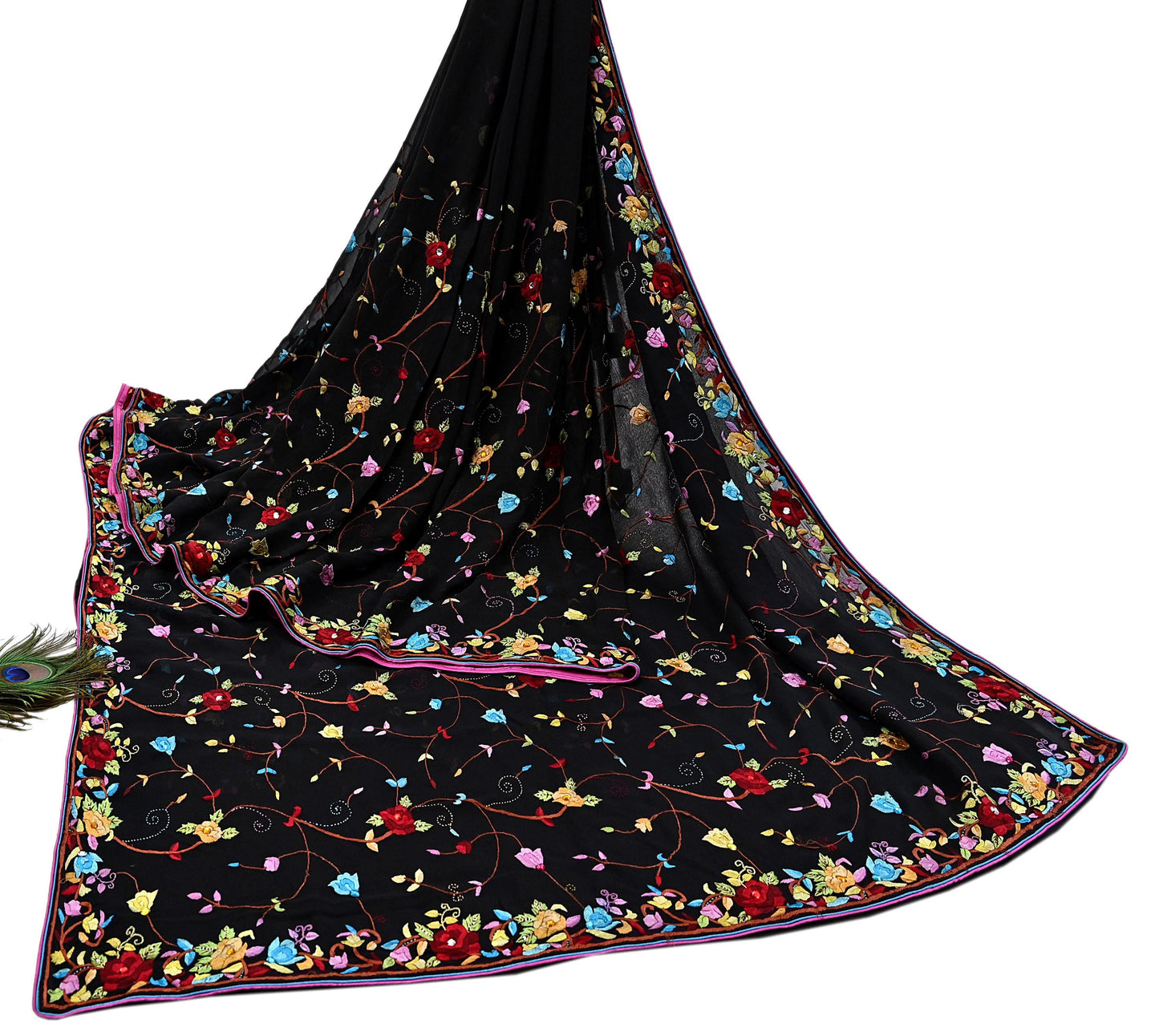 Indian Vintage Heavy Sari Black Pure Georgette Silk Hand Embroidered Parsi Gara Sarees Craft Fabric 6Yd Sewing Dress making
