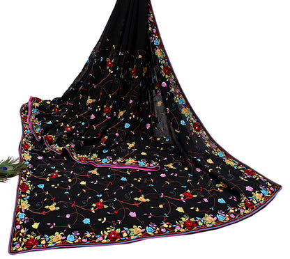 Indian Vintage Heavy Sari Black Pure Georgette Silk Hand Embroidered Parsi Gara Sarees Craft Fabric 6Yd Sewing Dress making