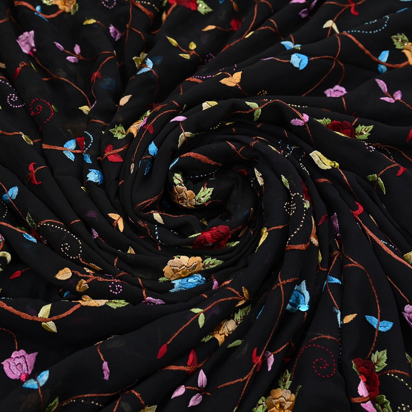 Indian Vintage Heavy Sari Black Pure Georgette Silk Hand Embroidered Parsi Gara Sarees Craft Fabric 6Yd Sewing Dress making