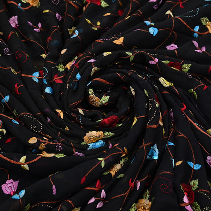 Indian Vintage Heavy Sari Black Pure Georgette Silk Hand Embroidered Parsi Gara Sarees Craft Fabric 6Yd Sewing Dress making
