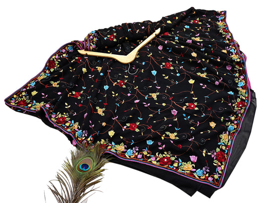 Indian Vintage Heavy Sari Black Pure Georgette Silk Hand Embroidered Parsi Gara Sarees Craft Fabric 6Yd Sewing Dress making