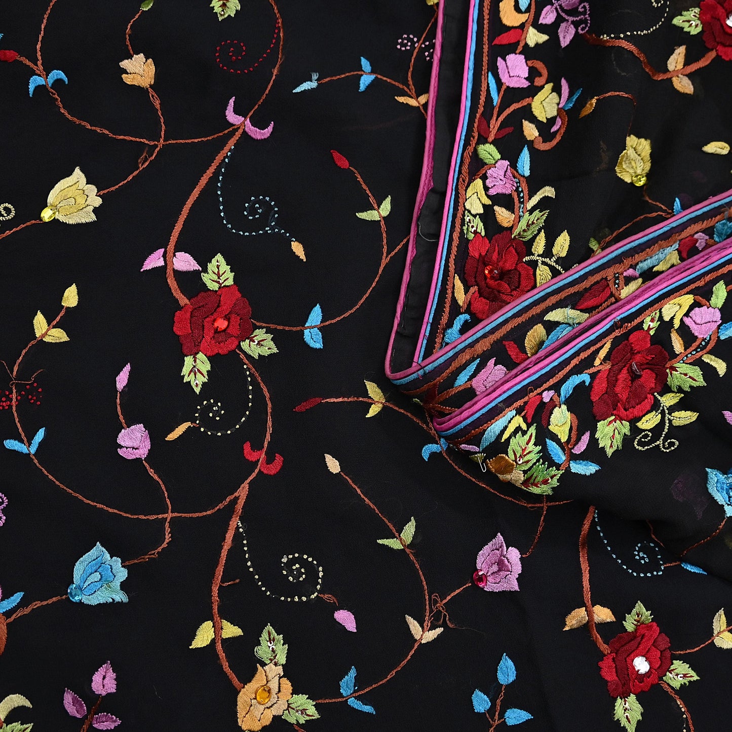Indian Vintage Heavy Sari Black Pure Georgette Silk Hand Embroidered Parsi Gara Sarees Craft Fabric 6Yd Sewing Dress making