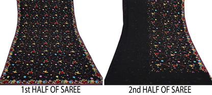 Indian Vintage Heavy Sari Black Pure Georgette Silk Hand Embroidered Parsi Gara Sarees Craft Fabric 6Yd Sewing Dress making