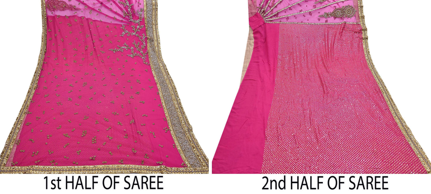 Indian Vintage Sari Rani Pink pure georgette silk Hand Embroidered Designer Sabyasachi Lehenga Sarees Ethnic Wedding Sarees 6yd