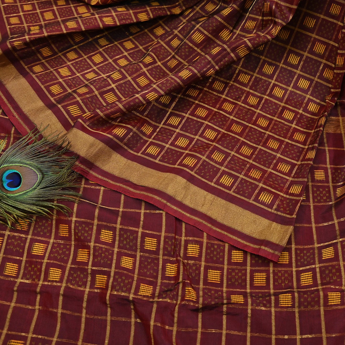 Vintage Maroon Rajkot Patola Saree Pure Silk Single Ikat Handwoven Indian Sari 5Yd Craft Fabric Zari Border Dress Making