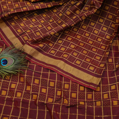 Vintage Maroon Rajkot Patola Saree Pure Silk Single Ikat Handwoven Indian Sari 5Yd Craft Fabric Zari Border Dress Making