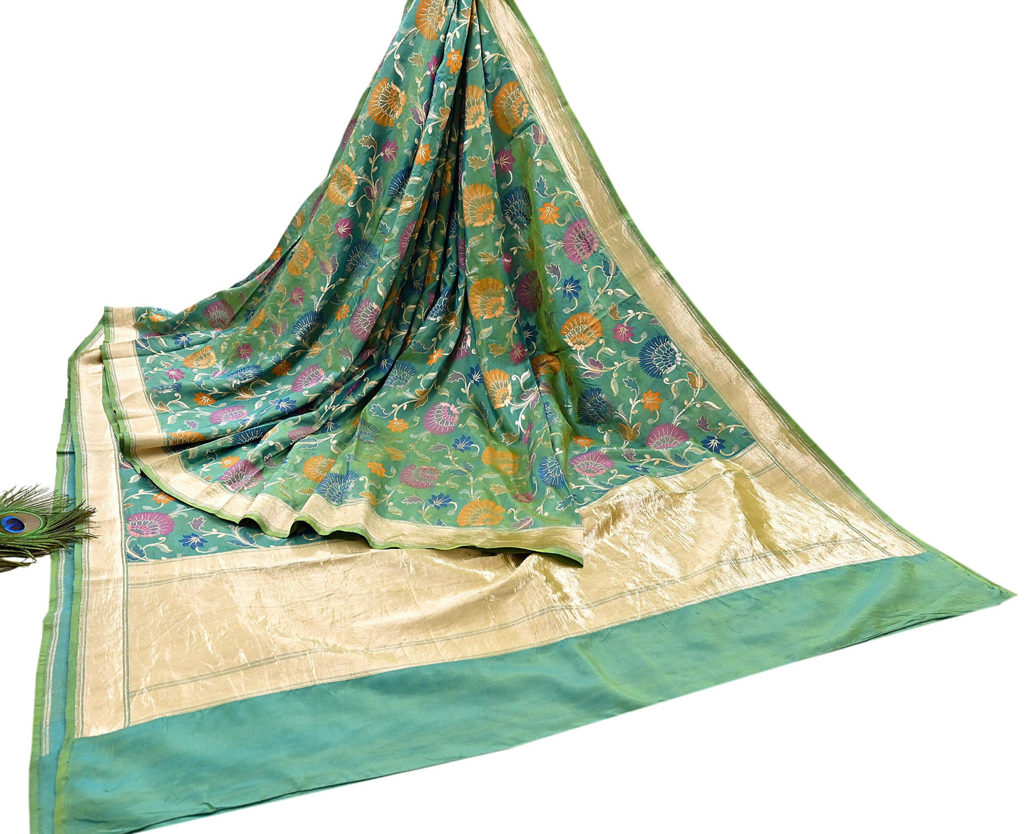 Indian Vintage Heavy Golden & Green Saree 100% Pure Silk Hand Woven Kanjeevaram Sari 5yd Ethnic Zari Premium Wedding Saree Fringes