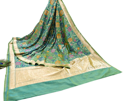 Indian Vintage Heavy Golden & Green Saree 100% Pure Silk Hand Woven Kanjeevaram Sari 5yd Ethnic Zari Premium Wedding Saree Fringes