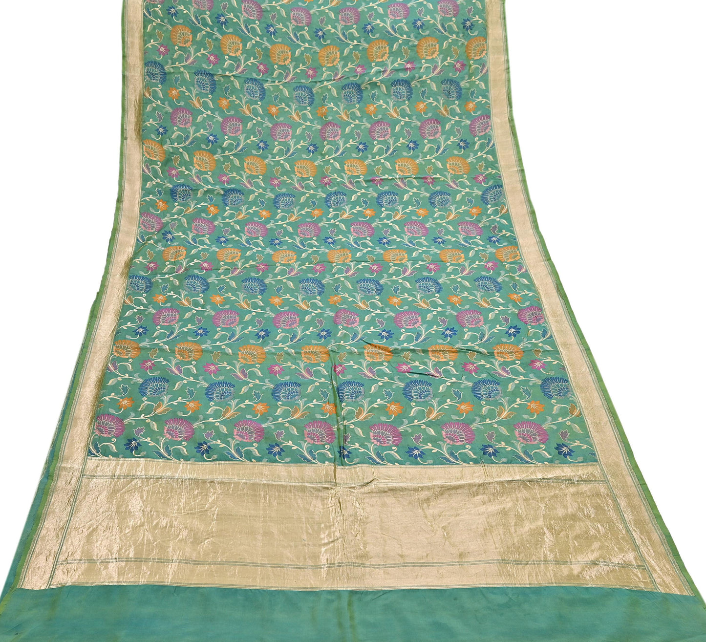 Indian Vintage Heavy Golden & Green Saree 100% Pure Silk Hand Woven Kanjeevaram Sari 5yd Ethnic Zari Premium Wedding Saree Fringes