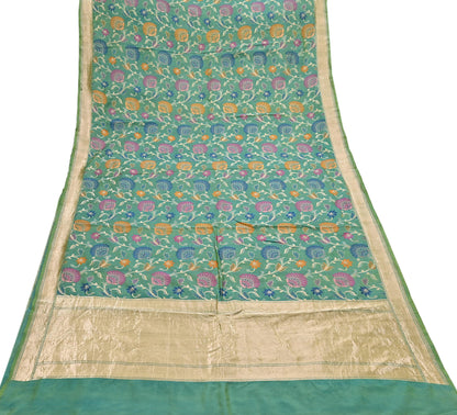 Indian Vintage Heavy Golden & Green Saree 100% Pure Silk Hand Woven Kanjeevaram Sari 5yd Ethnic Zari Premium Wedding Saree Fringes