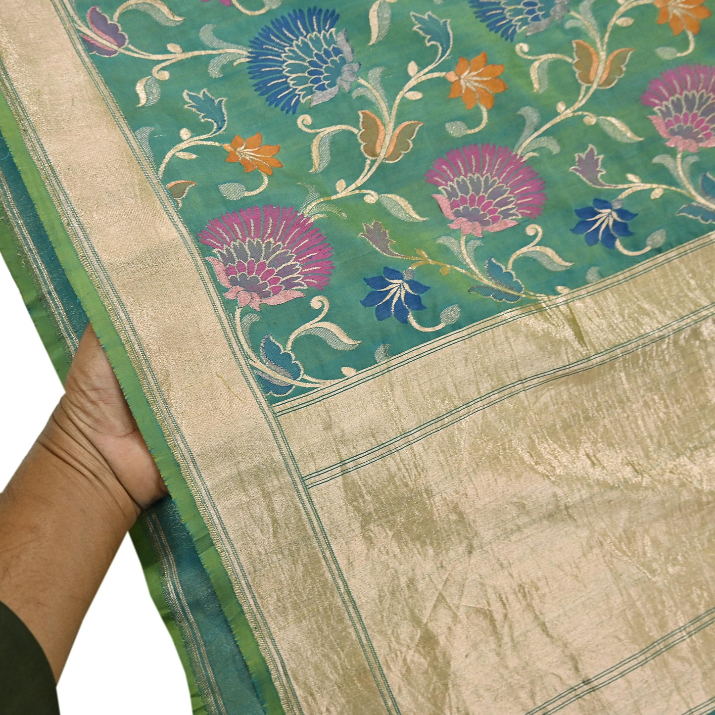 Indian Vintage Heavy Golden & Green Saree 100% Pure Silk Hand Woven Kanjeevaram Sari 5yd Ethnic Zari Premium Wedding Saree Fringes