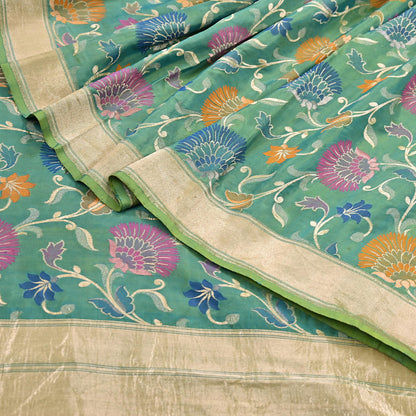 Indian Vintage Heavy Golden & Green Saree 100% Pure Silk Hand Woven Kanjeevaram Sari 5yd Ethnic Zari Premium Wedding Saree Fringes