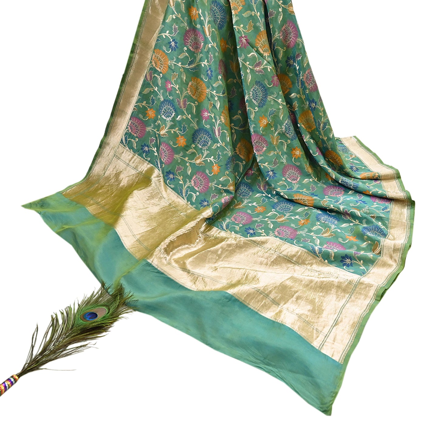 Indian Vintage Heavy Golden & Green Saree 100% Pure Silk Hand Woven Kanjeevaram Sari 5yd Ethnic Zari Premium Wedding Saree Fringes