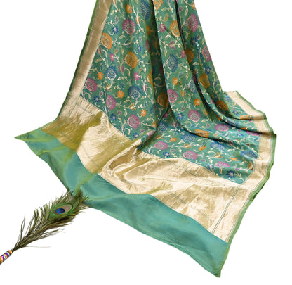 Indian Vintage Heavy Golden & Green Saree 100% Pure Silk Hand Woven Kanjeevaram Sari 5yd Ethnic Zari Premium Wedding Saree Fringes
