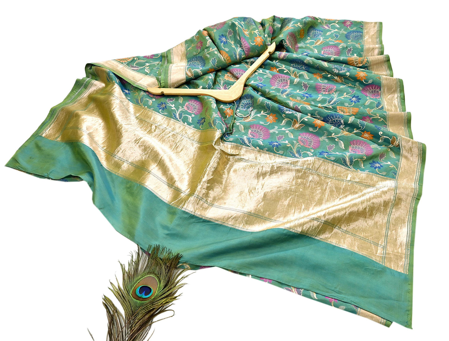 Indian Vintage Heavy Golden & Green Saree 100% Pure Silk Hand Woven Kanjeevaram Sari 5yd Ethnic Zari Premium Wedding Saree Fringes