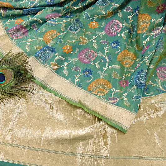 Indian Vintage Heavy Golden & Green Saree 100% Pure Silk Hand Woven Kanjeevaram Sari 5yd Ethnic Zari Premium Wedding Saree Fringes