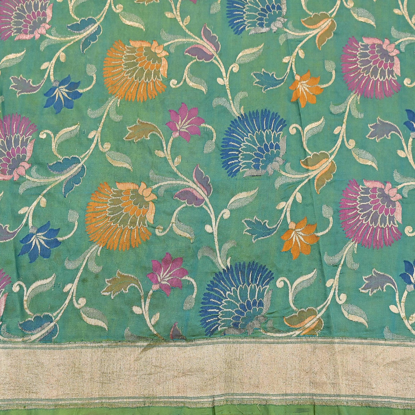 Indian Vintage Heavy Golden & Green Saree 100% Pure Silk Hand Woven Kanjeevaram Sari 5yd Ethnic Zari Premium Wedding Saree Fringes