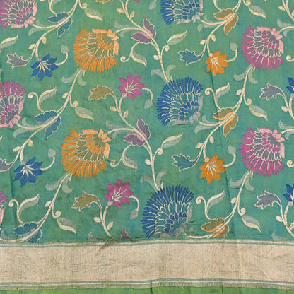 Indian Vintage Heavy Golden & Green Saree 100% Pure Silk Hand Woven Kanjeevaram Sari 5yd Ethnic Zari Premium Wedding Saree Fringes