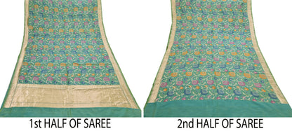 Indian Vintage Heavy Golden & Green Saree 100% Pure Silk Hand Woven Kanjeevaram Sari 5yd Ethnic Zari Premium Wedding Saree Fringes