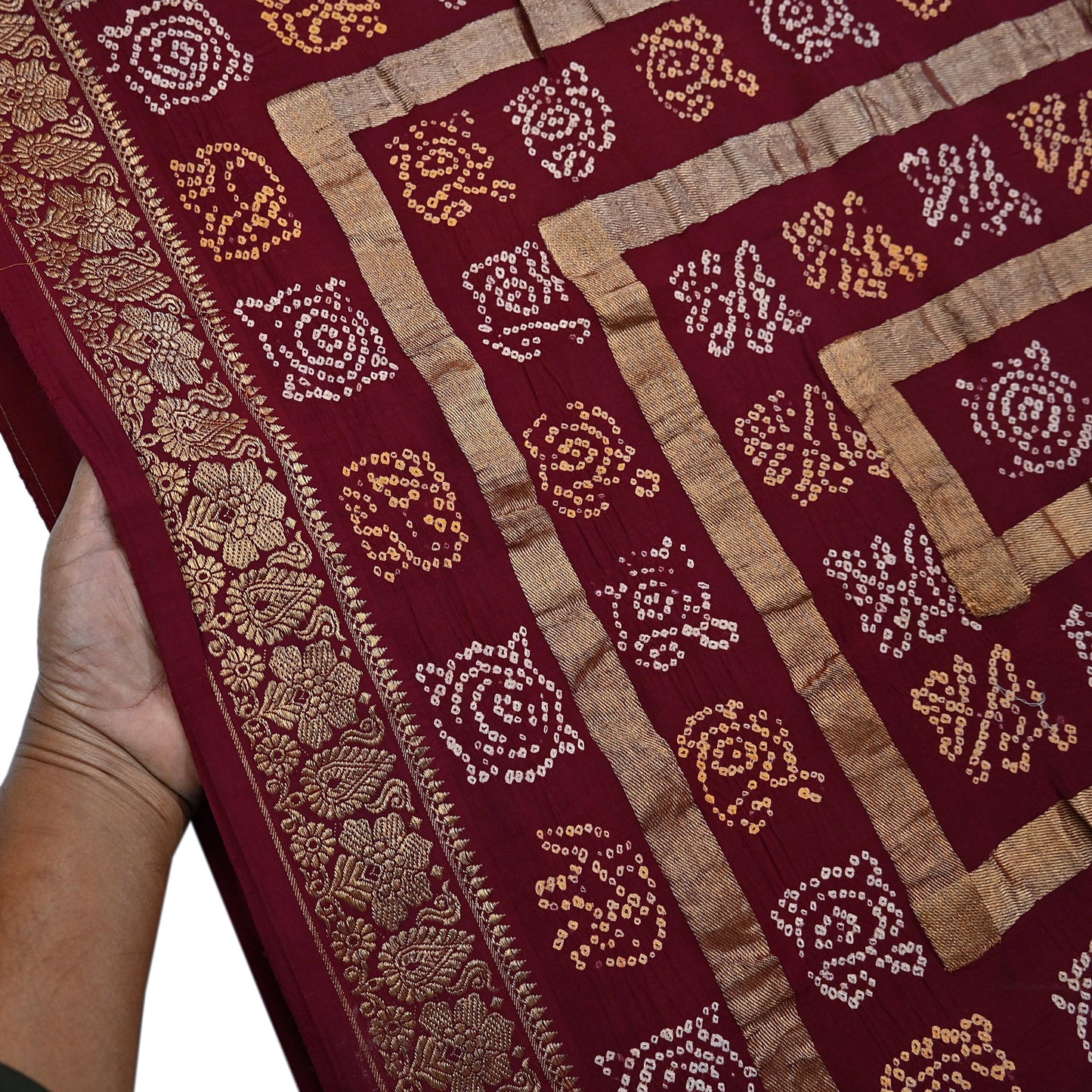 Indian Vintage Sari Beige & Maroon Pure Cotton Hand woven Bandhani Gharchola Sarees Ethnic Zardozi/Dabka Zari Wedding Saree