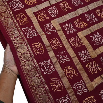 Indian Vintage Sari Beige & Maroon Pure Cotton Hand woven Bandhani Gharchola Sarees Ethnic Zardozi/Dabka Zari Wedding Saree