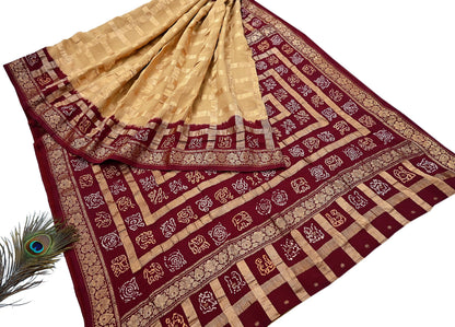 Indian Vintage Sari Beige & Maroon Pure Cotton Hand woven Bandhani Gharchola Sarees Ethnic Zardozi/Dabka Zari Wedding Saree